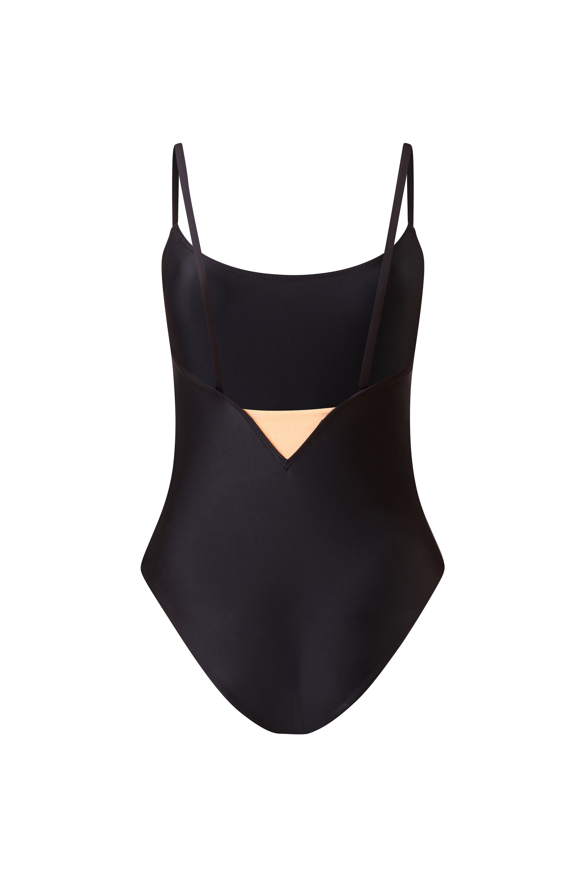 Initial S Maillot de bain femme 1 pièce noir avec triangle doré éco responsable fabrication française écologique nager bronzer plonger nylon recyclé swimwear swimsuit black coal gold triangle sustainable made in france econyl recycled nylon beachwear made from plastic waste natural beauty