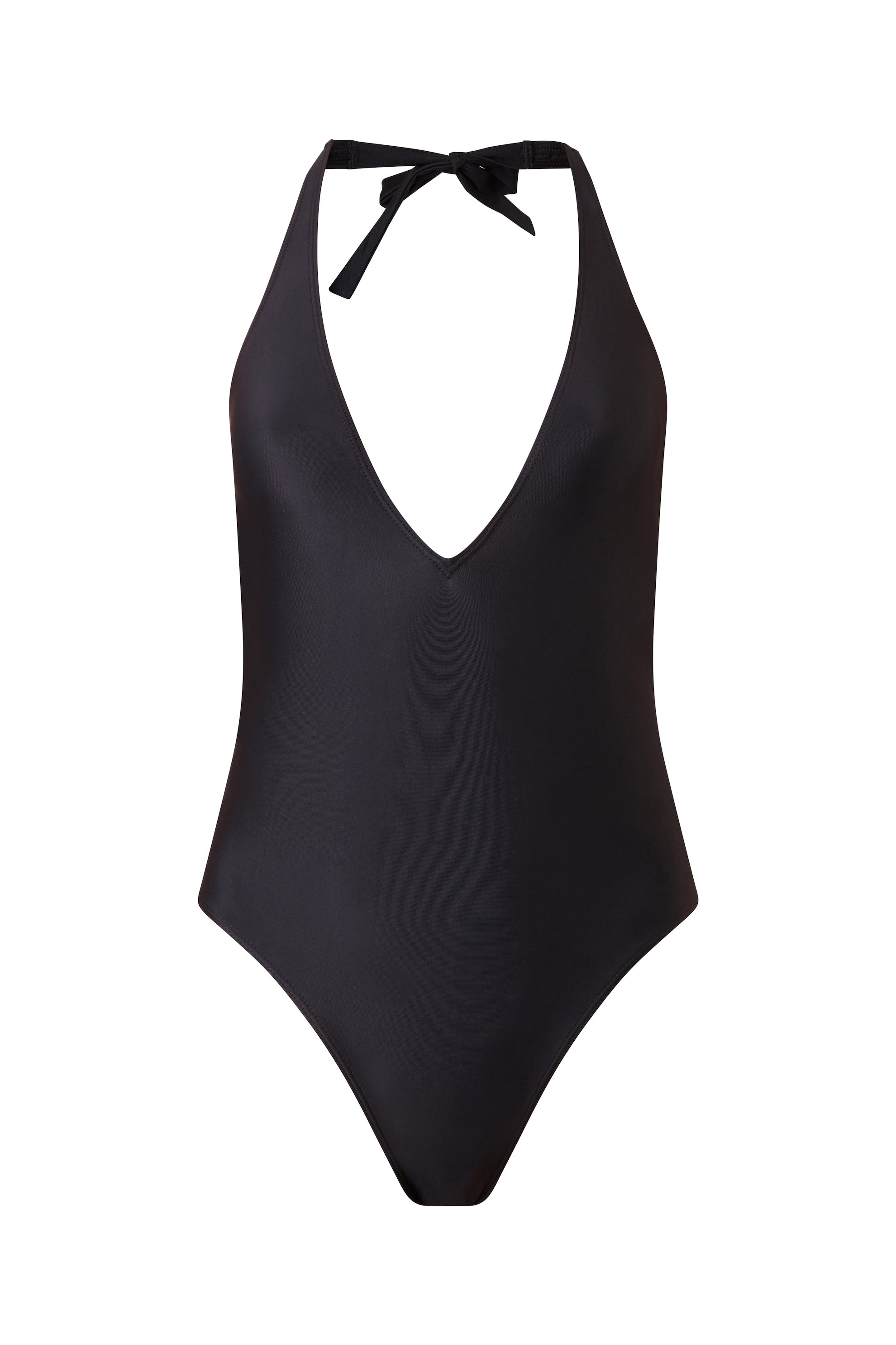 Initial S Maillot de bain femme 1 pièce noir décolleté triangle doré éco responsable fabrication française écologique nager bronzer plonger nylon recyclé swimwear swimsuit women revealing neckline black coal gold triangle sustainable made in france econyl recycled nylon sexy revealing neckline beachwear made from plastic waste natural beauty