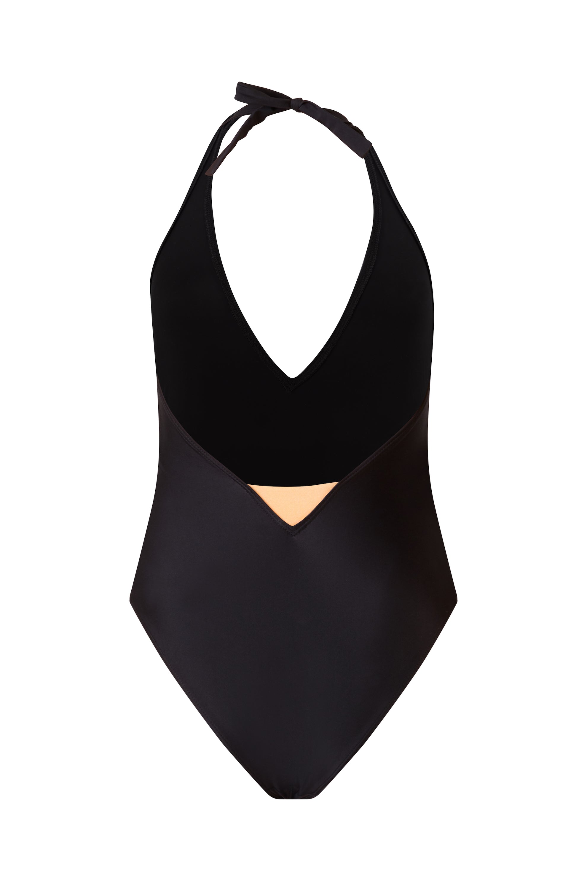 Initial S Maillot de bain femme 1 pièce noir décolleté triangle doré éco responsable fabrication française écologique nager bronzer plonger nylon recyclé swimwear swimsuit women revealing neckline black coal gold triangle sustainable made in france econyl recycled nylon sexy revealing neckline beachwear made from plastic waste natural beauty