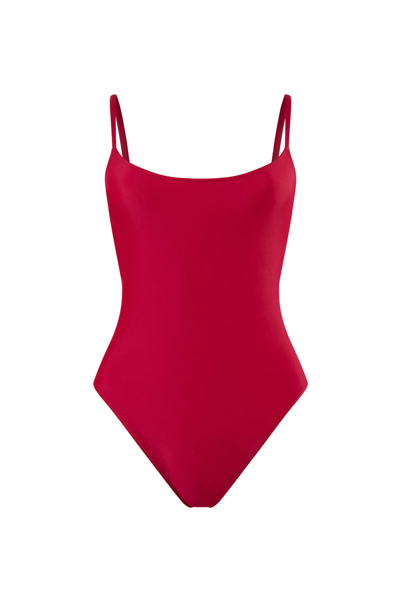 Initial S Swimsuit 1-piece red with golden triangle eco responsible french manufacture ecological swimwear swimsuit red berry gold triangle sustainable made in france econyl recycled nylon beachwear made from plastic waste natural beauty