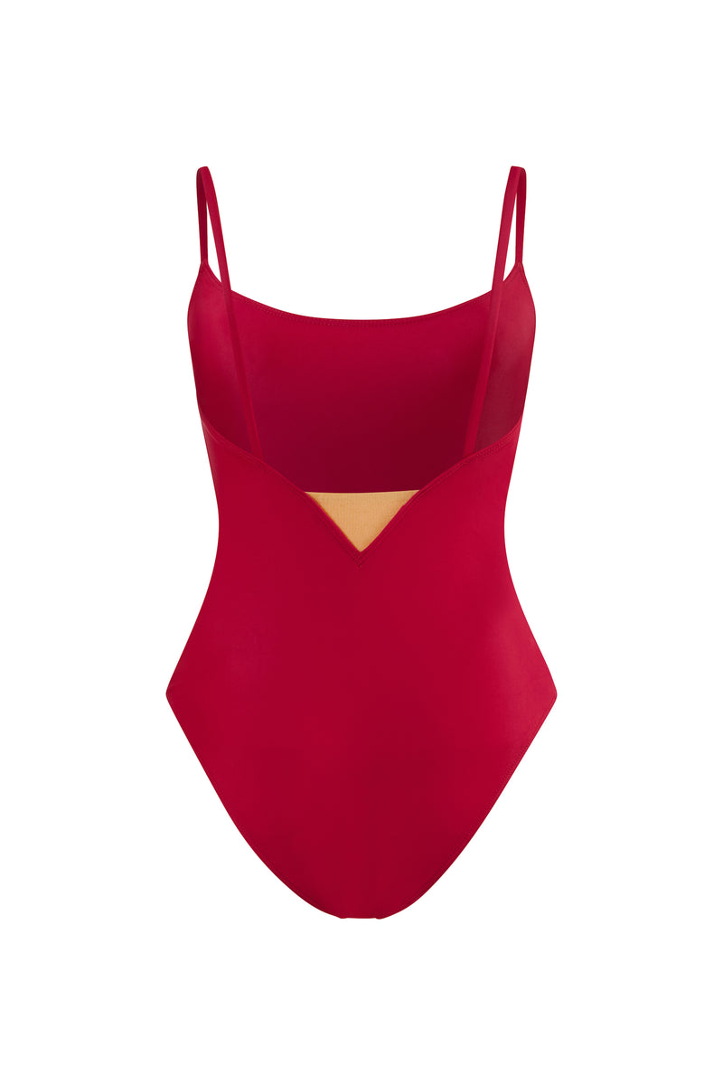 Initial S Swimsuit 1-piece red with golden triangle eco responsible french manufacture ecological swimwear swimsuit red berry gold triangle sustainable made in france econyl recycled nylon beachwear made from plastic waste natural beauty
