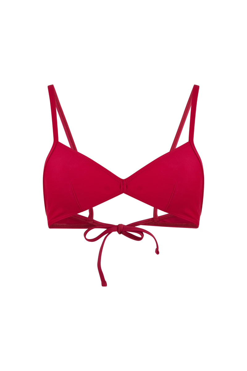 Initial S 2-piece women's swimsuit 2-piece bikini top triangle bikini top red strip eco responsible responsible look sporty sensual French manufacture ecological swim swimwear swimsuit women red berry top bra sustainable made in france econyl recycled nylon sporty sensual sexy beachwear made from plastic waste natural beauty