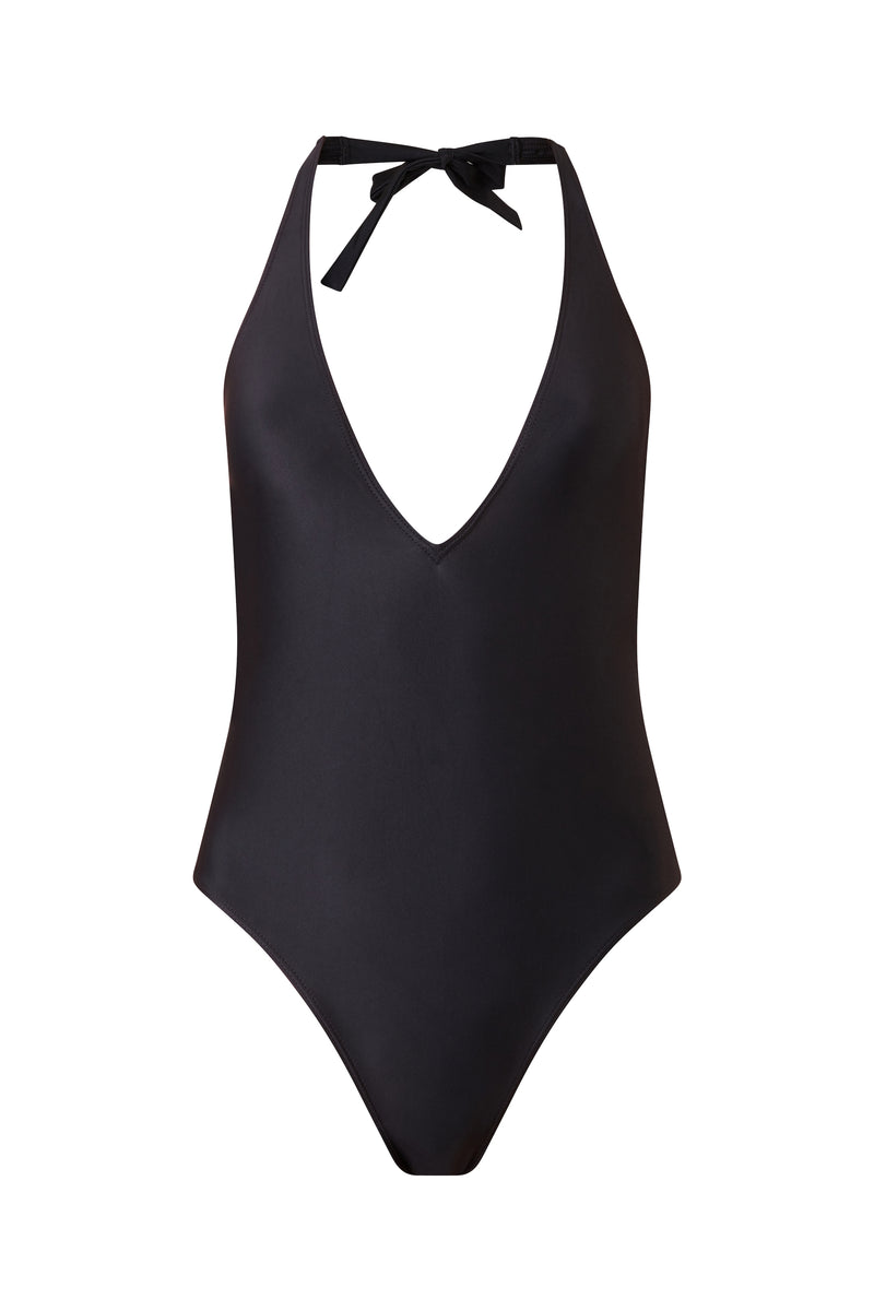 Initial S Swimsuit women 1 piece black neckline golden triangle eco responsible french manufacture ecological swimwear swimsuit women revealing neckline black coal gold triangle sustainable made in france econyl recycled nylon sexy revealing neckline beachwear made from plastic waste natural beauty