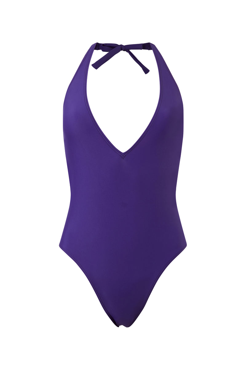 Initial S Swimsuit women 1 piece blue indigo neckline golden triangle eco responsible french manufacture ecological swimwear swimsuit women revealing neckline deep blue gold triangle sustainable made in france econyl recycled nylon sexy revealing neckline beachwear made from plastic waste natural beauty