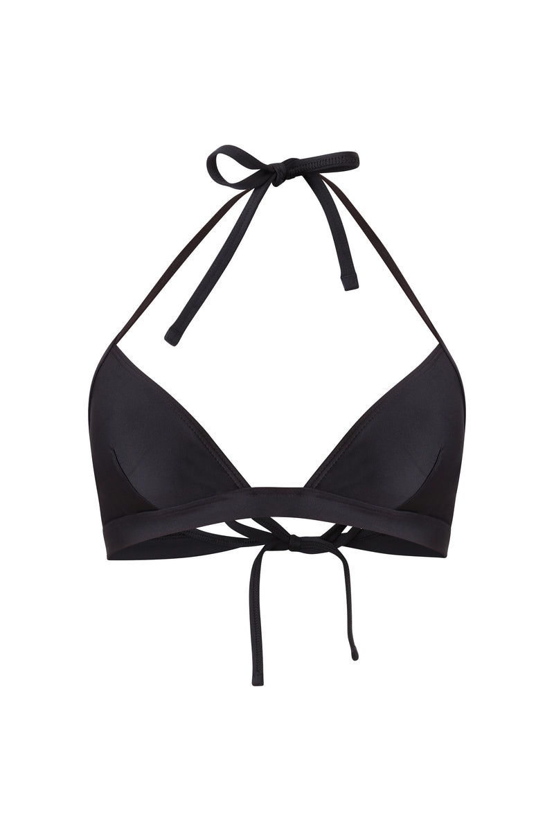 Initial S Swimsuit women 2 pieces bikini top triangle top black strip eco responsible responsible look sporty sensual French manufacture ecological swim swimwear swimsuit women black coal top bra sustainable made in france econyl recycled nylon sporty sensual sexy beachwear made from plastic waste natural beauty