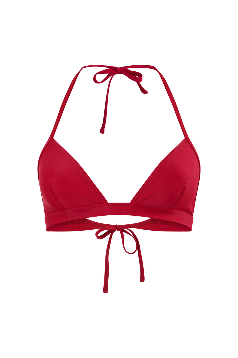 Initial S 2-piece women's swimsuit 2-piece bikini top triangle bikini top red strip eco responsible responsible look sporty sensual French manufacture ecological swim swimwear swimsuit women red berry top bra sustainable made in france econyl recycled nylon sporty sensual sexy beachwear made from plastic waste natural beauty