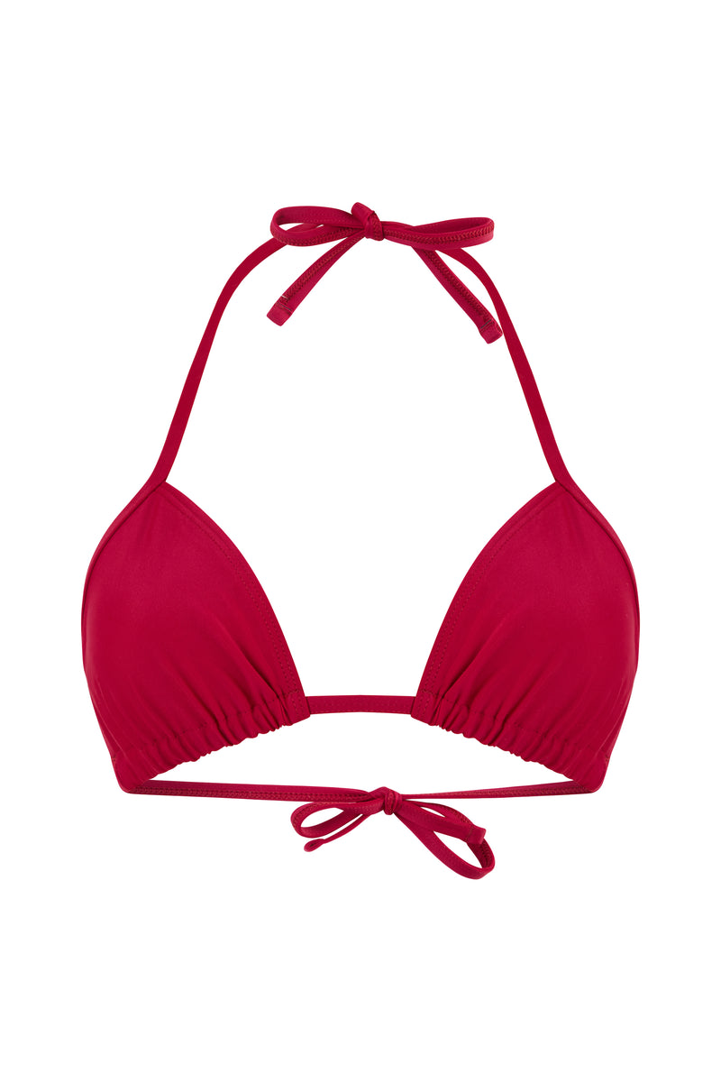 Initial S Maillot de bain femme 2 pièces haut de bikini triangle noeuds rouge éco responsable allure sportive sensuel fabrication française écologique nager bronzer plonger nylon recyclé swimwear swimsuit women red berry top sustainable made in france econyl recycled nylon sporty sensual sexy beachwear made from plastic waste natural beauty